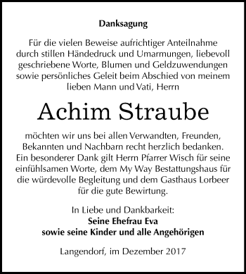 Traueranzeige von Achim Straube von Mitteldeutsche Zeitung Weißenfels