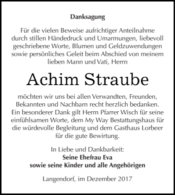 Traueranzeige von Achim Straube von WVG - Wochenspiegel NMB / WSF / ZTZ