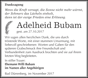 Traueranzeige von Adelheid Bubam von Super Sonntag Merseburg