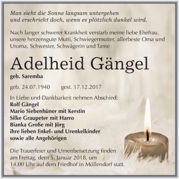 Traueranzeige von Adelheid Gängel von Mitteldeutsche Zeitung