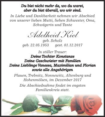 Traueranzeige von Adelheid Kiel von Super Sonntag Zeitz