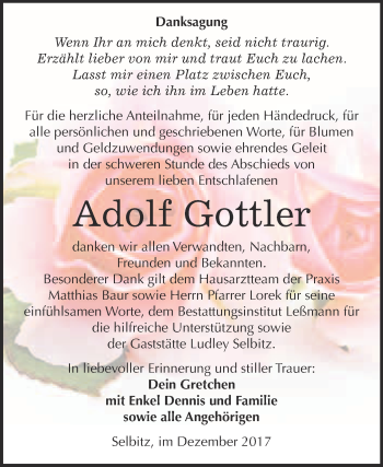 Traueranzeige von Adolf Gottler von Super Sonntag Wittenberg