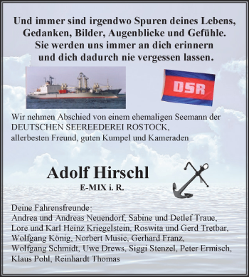 Traueranzeige von Adolf Hirschl von Wochenspiegel Mansfelder Land