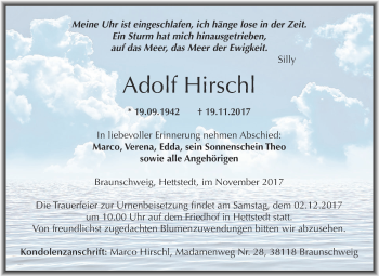Traueranzeige von Adolf Hirschl von Wochenspiegel Mansfelder Land