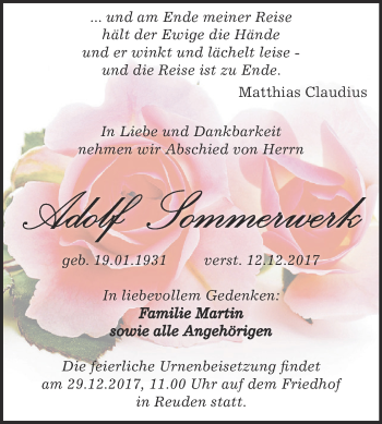 Traueranzeige von Adolf Sommerwerk von Super Sonntag Zeitz