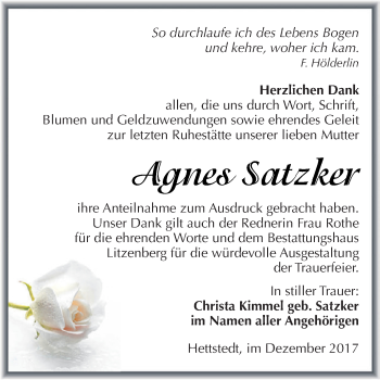 Traueranzeige von Agnes Satzker von Super Sonntag SGH Mansf. Land