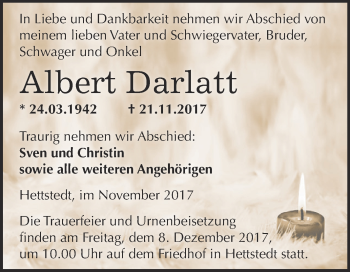 Traueranzeige von Albert Darlatt von Wochenspiegel Mansfelder Land