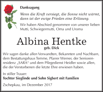 Traueranzeige von Albina Hentke von Mitteldeutsche Zeitung Bitterfeld