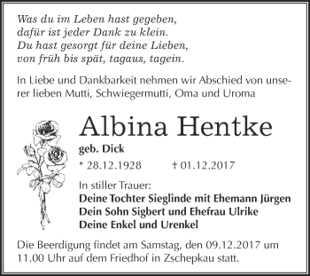 Traueranzeige von Albina Hentke von WVG - Wochenspiegel Bitterfeld