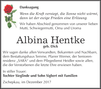 Traueranzeige von Albina Hentke von WVG - Wochenspiegel Bitterfeld