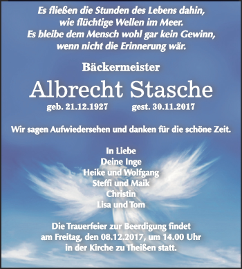 Traueranzeige von Albrecht Stasche von Super Sonntag Zeitz