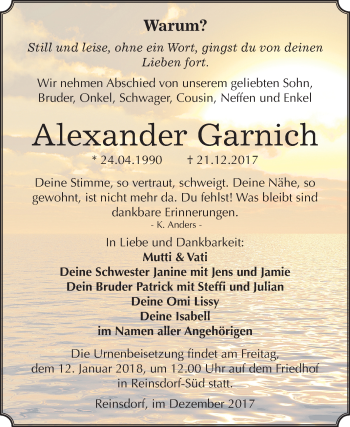 Traueranzeige von Alexander Garnich von Mitteldeutsche Zeitung