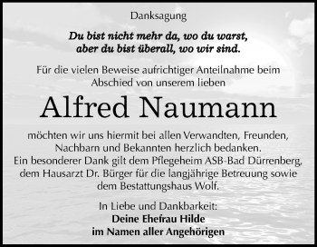 Traueranzeige von Alfred Naumann von Mitteldeutsche Zeitung Weißenfels