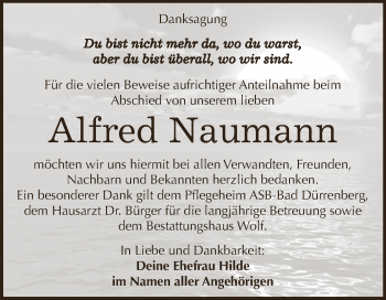 Traueranzeige von Alfred Naumann von WVG - Wochenspiegel NMB / WSF / ZTZ