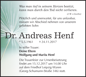 Traueranzeige von Andreas Henf von Mitteldeutsche Zeitung Merseburg/Querfurt