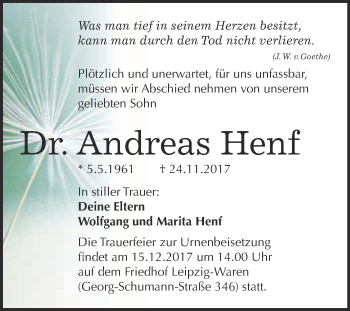 Traueranzeige von Andreas Henf von Super Sonntag Merseburg