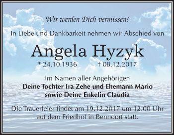 Traueranzeige von Angela Hyzyk von Mitteldeutsche Zeitung