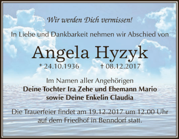 Traueranzeige von Angela Hyzyk von Super Sonntag SGH Mansf. Land
