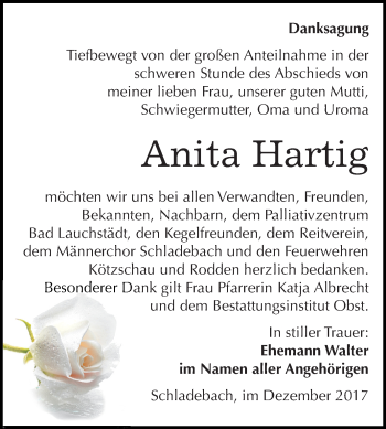 Traueranzeige von Anita Hartig von Mitteldeutsche Zeitung Merseburg/Querfurt