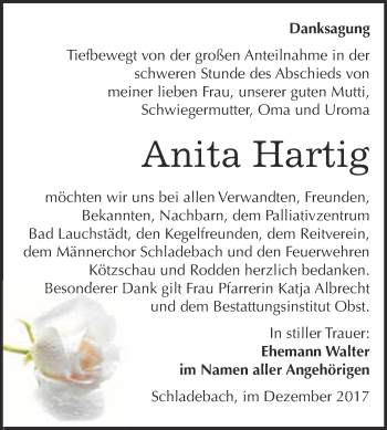 Traueranzeige von Anita Hartig von Super Sonntag Merseburg
