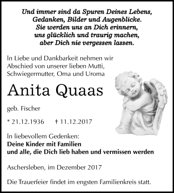 Traueranzeige von Anita Quaas von Mitteldeutsche Zeitung Aschersleben