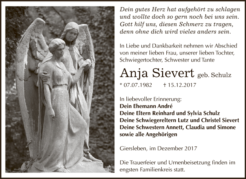  Traueranzeige für Anja Sievert vom 23.12.2017 aus Super Sonntag Aschersleben