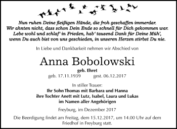 Traueranzeige von Anna Bobolowski von Mitteldeutsche Zeitung