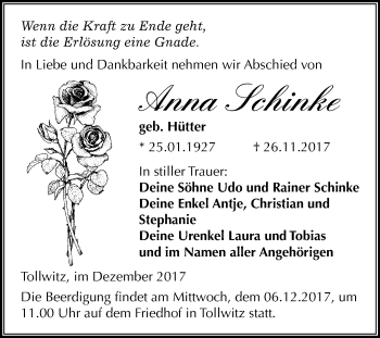 Traueranzeige von Anna Schinke von Mitteldeutsche Zeitung Merseburg/Querfurt