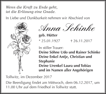 Traueranzeige von Anna Schinke von Super Sonntag Merseburg
