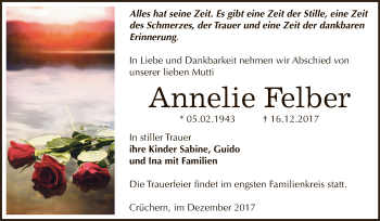 Traueranzeige von Annelie Felber von Super Sonntag Bernburg