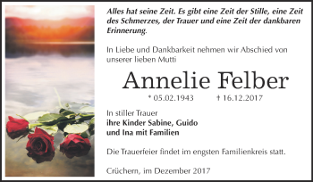 Traueranzeige von Annelie Felber von Super Sonntag Bernburg