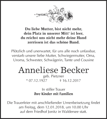Traueranzeige von Anneliese Becker von WVG - Wochenspiegel Dessau / Köthen
