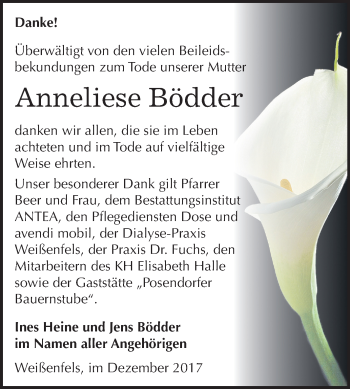 Traueranzeige von Anneliese Bödder von Mitteldeutsche Zeitung Weißenfels
