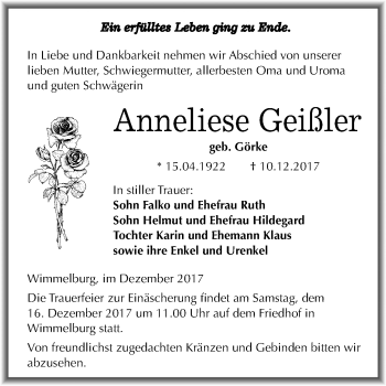Traueranzeige von Anneliese Geißler von Mitteldeutsche Zeitung
