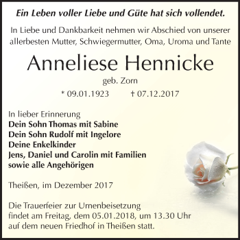 Traueranzeige von Anneliese Hennicke von Mitteldeutsche Zeitung Zeitz