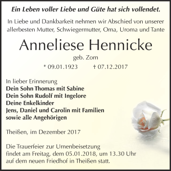 Traueranzeige von Anneliese Hennicke von Super Sonntag Zeitz