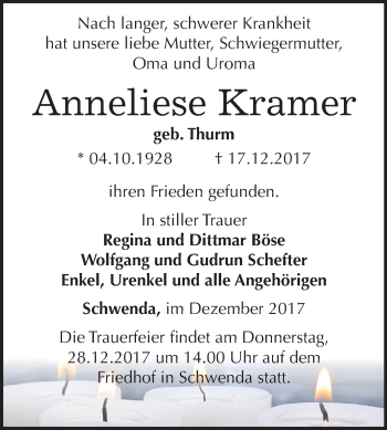 Traueranzeige von Anneliese Kramer von Mitteldeutsche Zeitung Sangerhausen