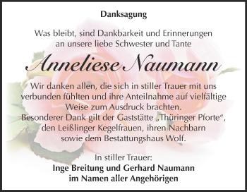Traueranzeige von Anneliese Naumann von WVG - Wochenspiegel NMB / WSF / ZTZ