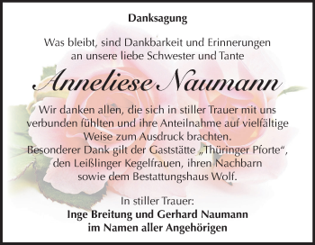 Traueranzeige von Anneliese Naumann von Mitteldeutsche Zeitung Weißenfels
