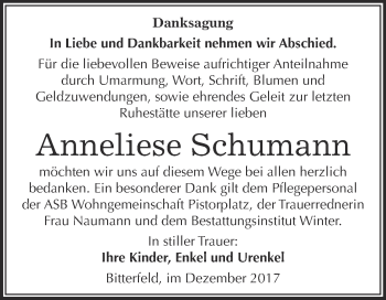 Traueranzeige von Anneliese Schumann von WVG - Wochenspiegel Bitterfeld