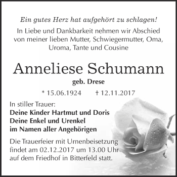 Traueranzeige von Anneliese Schumann von WVG - Wochenspiegel Bitterfeld