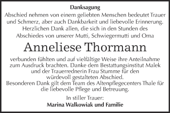 Traueranzeige von Anneliese Thormann von WVG - Wochenspiegel Quedlinburg