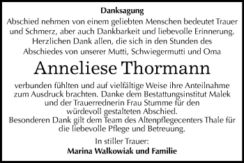 Traueranzeige von Anneliese Thormann von Mitteldeutsche Zeitung Quedlinburg