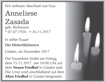 Traueranzeige von Anneliese Zasada von Super Sonntag Bernburg