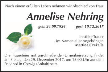 Traueranzeige von Annelise Nehring von Super Sonntag Wittenberg