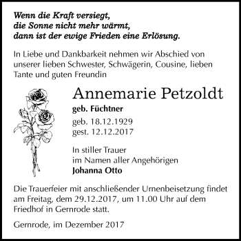Traueranzeige von Annemarie Petz von WVG - Wochenspiegel Quedlinburg