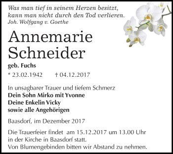 Traueranzeige von Annemarie Schneider von WVG - Wochenspiegel Dessau / Köthen