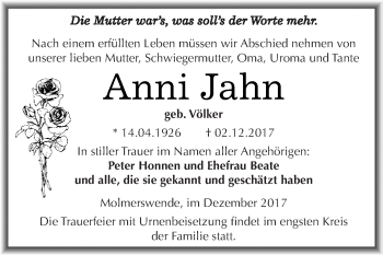 Traueranzeige von Anni Jahn von Super Sonntag SGH Mansf. Land