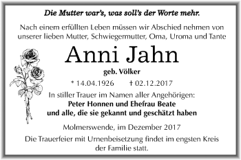 Traueranzeige von Anni Jahn von Mitteldeutsche Zeitung