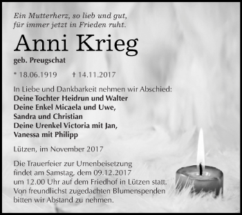 Traueranzeige von Anni Krieg von WVG - Wochenspiegel NMB / WSF / ZTZ